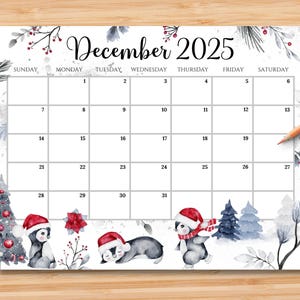 EDITABLE December 2025 Calendar, Joyful Winter with Cute Penguin Planner, Printable Christmas Schedule for Kids School Home Work Office