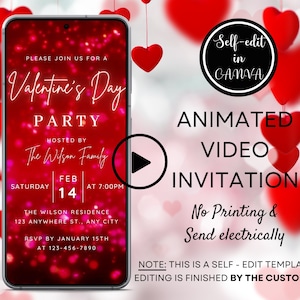 Bearbeitbare Video-Valentinstag-Einladung, animierte Valentine-Party-Einladung, umweltfreundlich, digitale Smartphone-Einladung, Canva-Vorlage