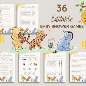 Lot de jeux de baby shower Winnie l&#39;ourson, jeux de société classiques de Winnie l&#39;ourson, shower de Winnie l&#39;ours, non sexiste, vintage imprimable modifiable