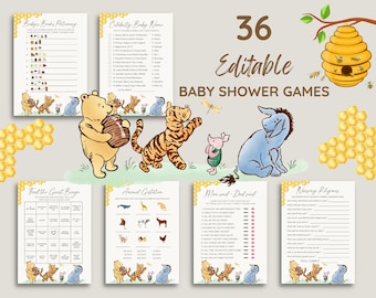 May include: A set of 36 printable Winnie the Pooh themed baby shower games. The games include "Baby's Books Memory", "Celebrity Baby Name", "Find the Guest Bingo", "Animal Gestation", "Mom Said - Dad Said", and "Nursery Rhymes".