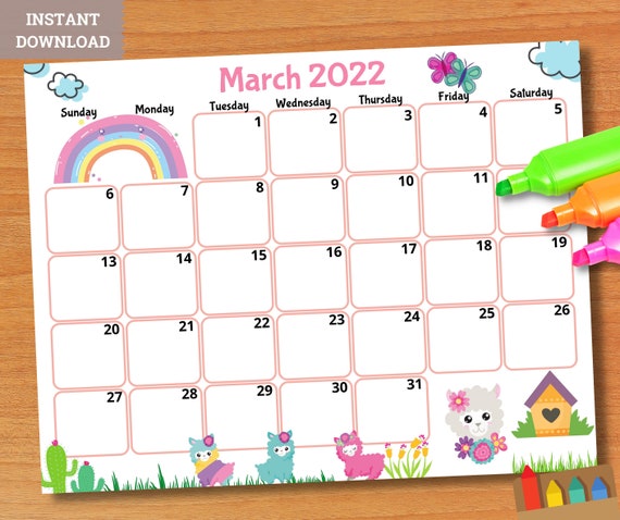 Printable March 2022 Calendar Printable Kids Calendar 2022 | Etsy