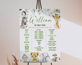 Póster de hitos de safari, tablero de hitos de Wild One, decoraciones de primer cumpleaños de safari, letrero de primer cumpleaños de la jungla, EDITABLE, descarga instantánea