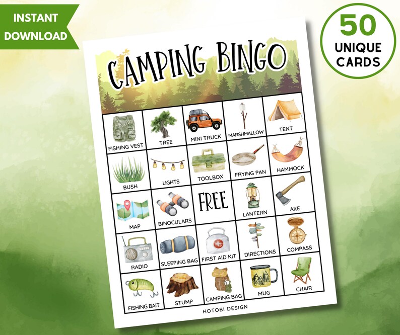 Printable Camping Bingo Game, 50 Unique Bingo Cards W/labels, Camping ...