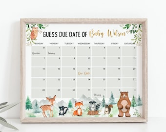 Förfallodatumskalender för bebisar i skogen, babyshowerspel, gissa barnets födelsedag, redigerbar babyprognos, förfallodatumsspel, digital, direktnedladdning