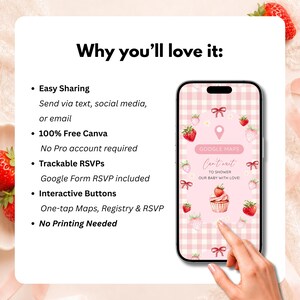 K&ouml;nnte beinhalten: Eine digitale Einladungsvorlage auf einem Smartphone-Bildschirm mit rosa Vichy-Muster, Erdbeer-Illustrationen, einer Cupcake-Grafik und dem Text "Can't wait to shower our baby with love!" sowie einer Liste der Produktmerkmale.