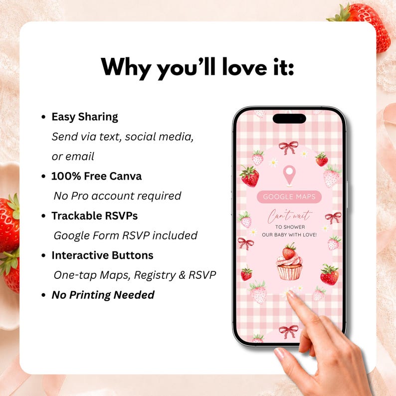 K&ouml;nnte beinhalten: Eine digitale Einladungsvorlage auf einem Smartphone-Bildschirm mit rosa Vichy-Muster, Erdbeer-Illustrationen, einer Cupcake-Grafik und dem Text "Can't wait to shower our baby with love!" sowie einer Liste der Produktmerkmale.