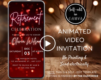 Video Retirement Party Invitation, Elegant Red Invite, Electronic Retirement Celebration Evite, Digital Phone Invitation, Canva Template