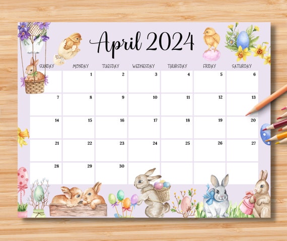 Calendrier d'avril 2024 modifiable, Joyeuses Pâques 2024 avec des lapins  mignons et des poulets, planificateur de calendrier remplissable  imprimable, téléchargement immédiat -  Canada