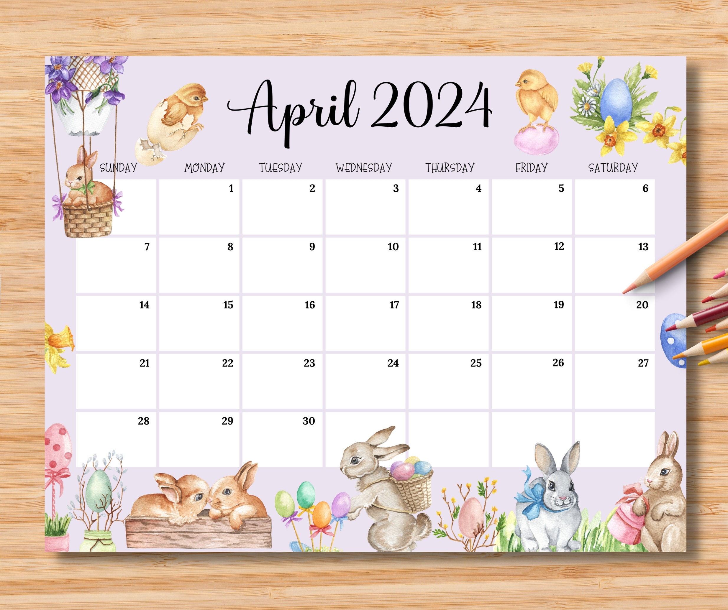 Calendrier 2024 avec des lapins mignons à imprimer