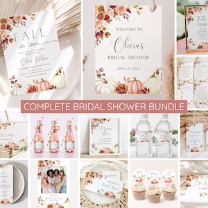Fall in Love Bridal Shower Invitation Bundle, Rust Burgundy Floral Pumpkin Bridal Shower Template, Autumn Bridal Shower, Games Welcome Sign