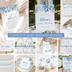 Blue Baby in Bloom Shower Bundle, Blue Hydrangea Baby Shower Invitation Set, Boy Baby Shower Decor, Dusty Blue Baby, Editable Canva Template