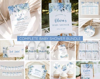 Blue Baby in Bloom Shower Bundle, Blue Hydrangea Baby Shower Invitation Set, Boy Baby Shower Decor, Dusty Blue Baby, Editable Canva Template
