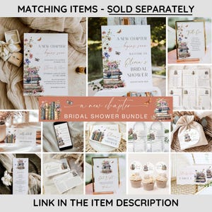 Pode incluir: Uma cole&ccedil;&atilde;o de artigos de papelaria com tema floral e de livros. Os itens incluem convites, letreiros e etiquetas, todos com o texto "A New Chapter" e "Olivia's Bridal Shower". A paleta de cores inclui rosas, verdes e castanhos suaves.