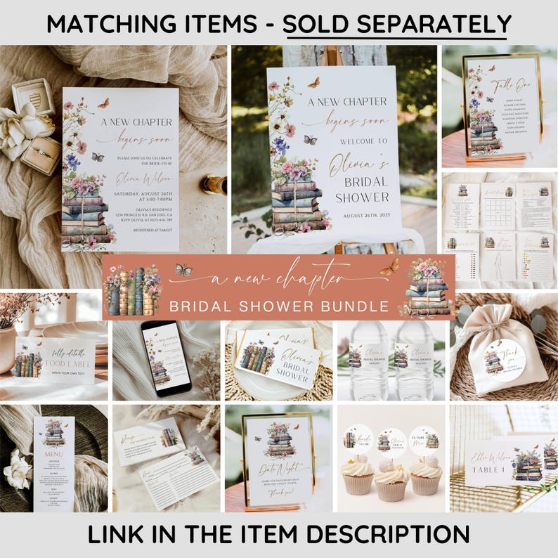 Pode incluir: Uma cole&ccedil;&atilde;o de artigos de papelaria com tema floral e de livros. Os itens incluem convites, letreiros e etiquetas, todos com o texto "A New Chapter" e "Olivia's Bridal Shower". A paleta de cores inclui rosas, verdes e castanhos suaves.