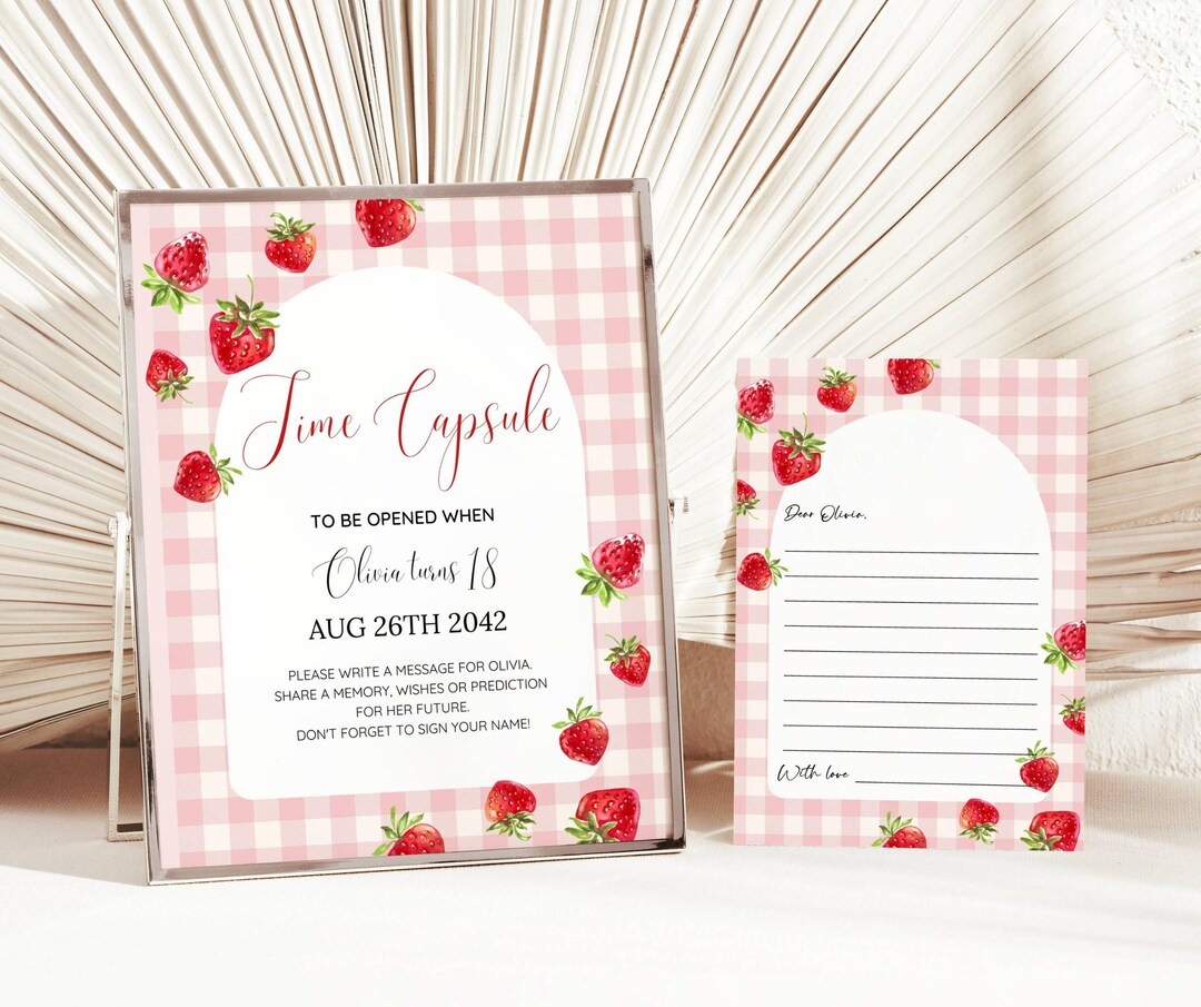 Pink Gingham Berry First Birthday Time Capsule Sign & Card Template ...