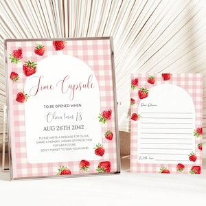 Modèle de carte et de signe de capsule pour le premier anniversaire Vichy rose Berry, capsule temporelle pour premier anniversaire aux fraises, 1er anniversaire de fille, MODIFIABLE