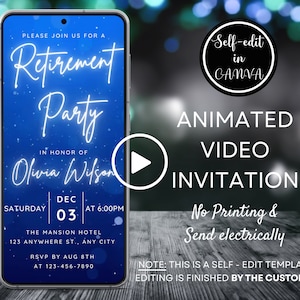 Video Retirement Party Invitation, Blue Glitter Invite, Electronic Retirement Celebration Evite, Digital Phone Invitation, Canva Template