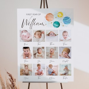 Póster con foto de cumpleaños del primer viaje alrededor del sol, póster editable del primer cumpleaños del espacio, tablero con fotos del primer cumpleaños del espacio, niño