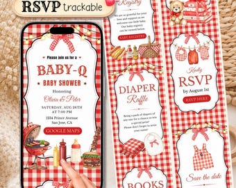 Baby-Q Baby Shower Website Invitation, BBQ Online RSVP Digital Invite, Editable Barbecue Red Gingham Gender Neutral Canva Template