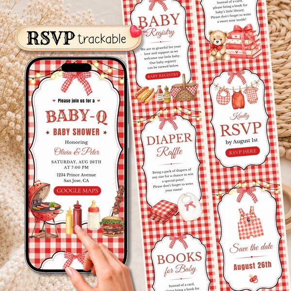 Baby-Q Baby Shower Website Invitation, BBQ Online RSVP Digital Invite, Editable Barbecue Red Gingham Gender Neutral Canva Template