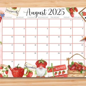 EDITABLE August 2025 Calendar, Beautiful Colorful Summer with Cute Strawberries, Printable Fillable Calendar Planner, Instant Download
