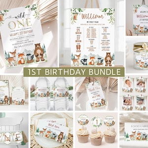 Woodland First Birthday Invitation Bundle, Wild One Birthday, Woodland Animal Invite Set, Forest Invitation EDITABLE, Welcome, Milestone