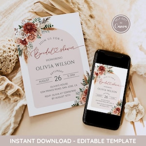 Autumn Floral Bridal Shower Invitation, Fall in Love Bridal Shower Invite Template, Boho Fall Bridal Shower Invitation, Terracotta Orange