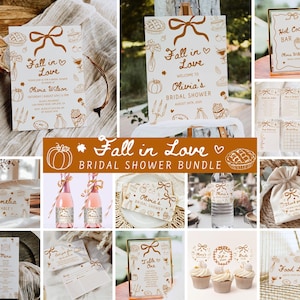 Fall in Love Bridal Shower Bundle, Hand Drawn Pumpkin Bridal Shower Invitation & Games, Autumn Bridal Shower Invite, Editable Canva Template