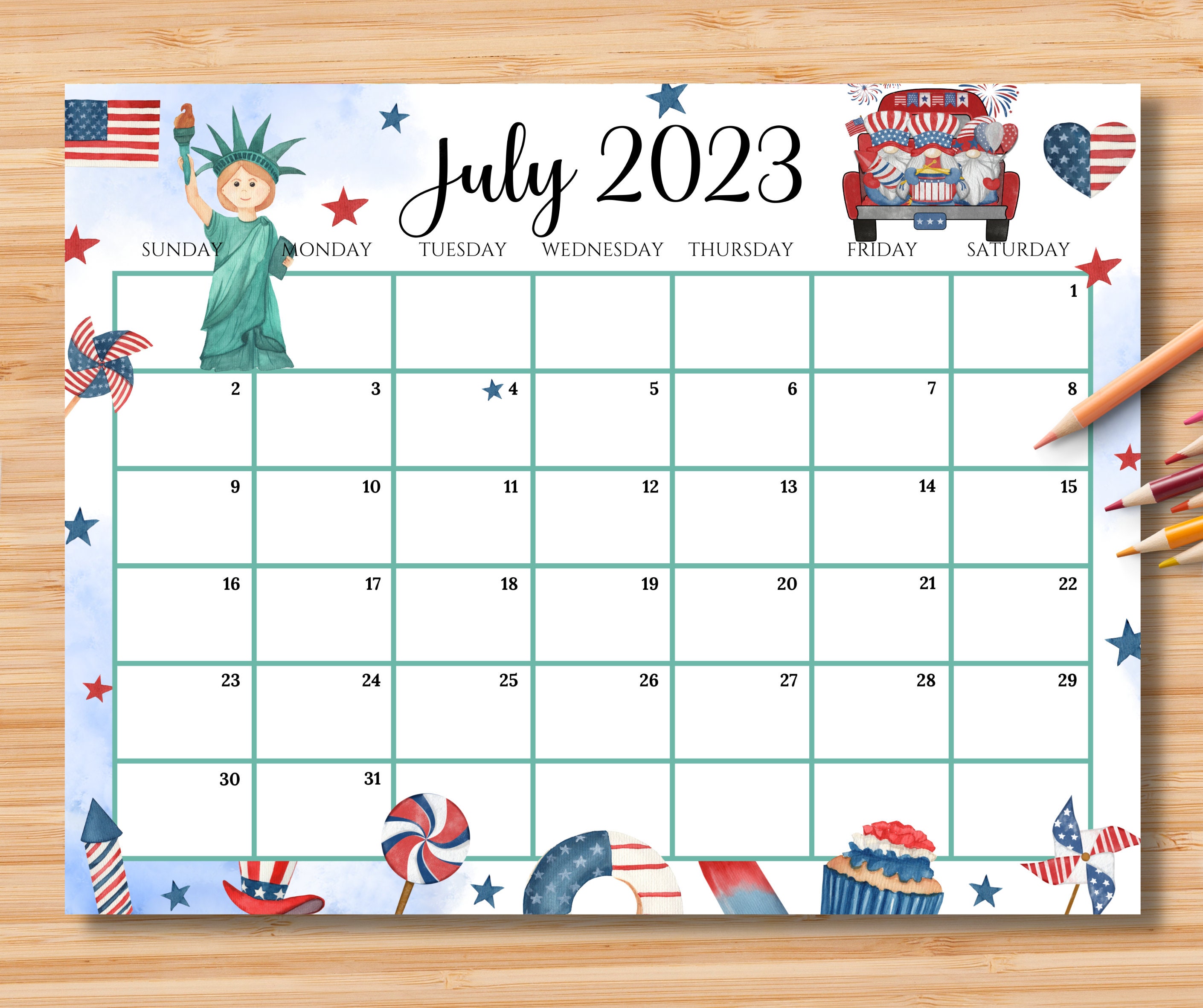 Editable July 2023 Calendar 4th July Independence Day - Etsy