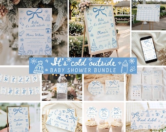 May include: A baby shower bundle with a winter theme. The bundle includes invitations, signs, cupcake toppers, and more. The designs are light blue with winter-themed illustrations and the text "Baby it's cold outside".
