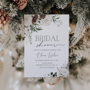 May include: A white and green floral bridal shower invitation with the text "BRIDAL shower" and "Olivia Wilson". The invitation includes the date, time, and location of the shower.