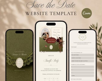 Olive Green Save the Date Wedding Website Template, Burgundy Fall Digital Wedding Invitation with RSVP, Canva Editable, Instant Download
