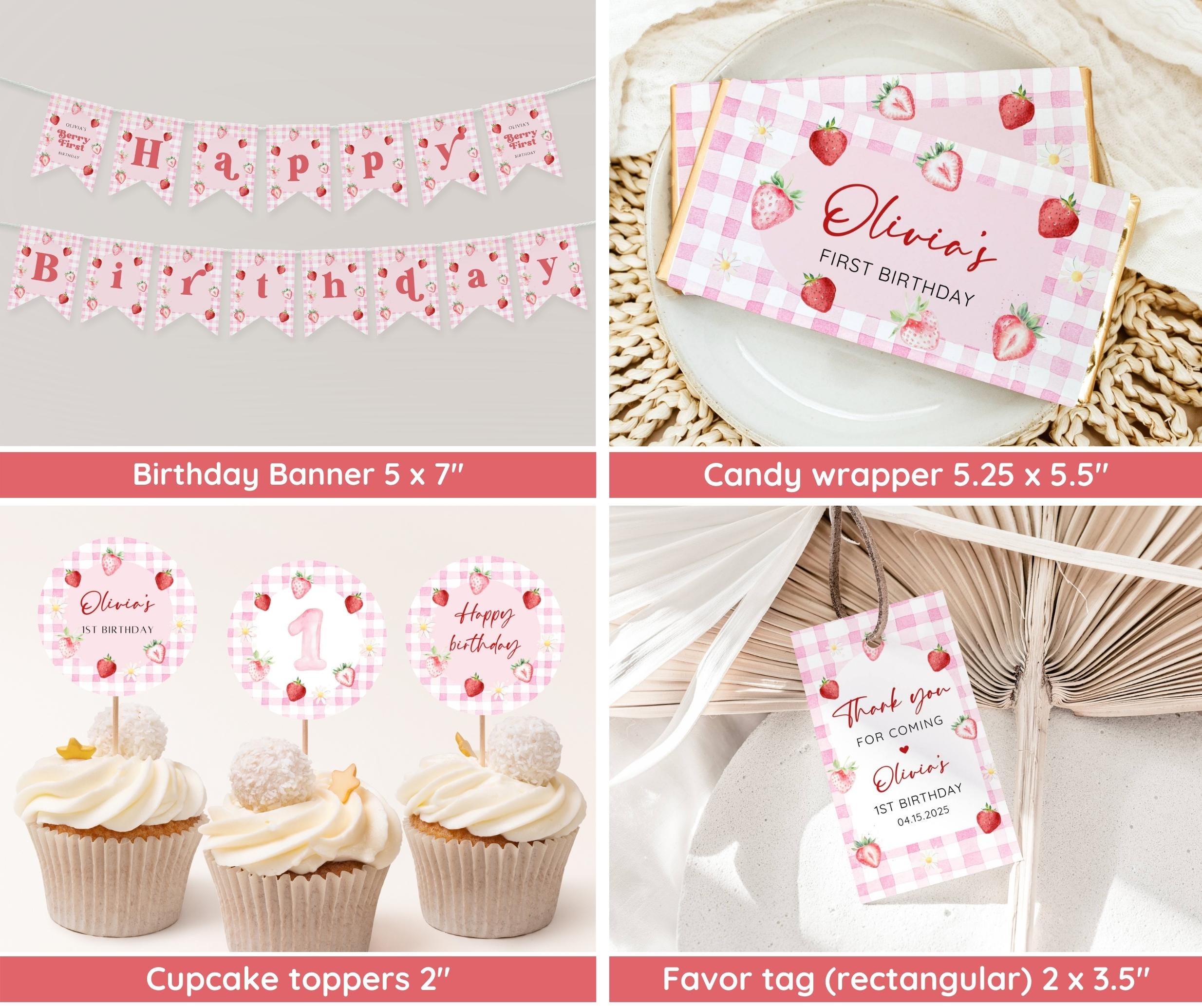 Pink Gingham Berry First Birthday Invitation Bundle, Strawberry 1st ...