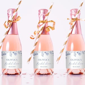 Iets blauws mini champagnelabel, blauwe bloemen vrijgezellenfeest gunst, bewerkbare mini-bruiloft label, canvas sjabloon, afdrukbare download