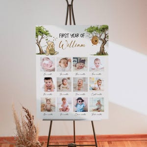 Affiche photo du 1er anniversaire de Winnie l'ourson, tableau photo classique ourson ours, panneau marquant le premier anniversaire, modifiable, imprimable, numérique