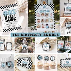 Puede incluir: Un conjunto de suministros para fiestas con un tema retro. Los artículos incluyen invitaciones, un letrero de bienvenida, una pancarta, adornos para cupcakes y etiquetas para alimentos. Los diseños presentan un patrón de tablero de ajedrez, una carita sonriente y el texto "One Happy Dude."