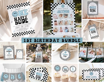 One Happy Dude Birthday Invitation Bundle, Editable Retro One Happy Dude First Birthday Invite Boy, Smiley Face Party Template Blue