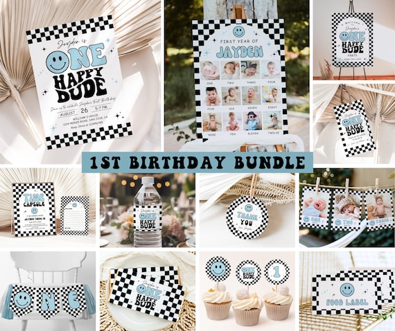 One Happy Dude Birthday Invitation Bundle, Editable Retro One Happy Dude First Birthday Invite Boy, Smiley Face Party Template Blue