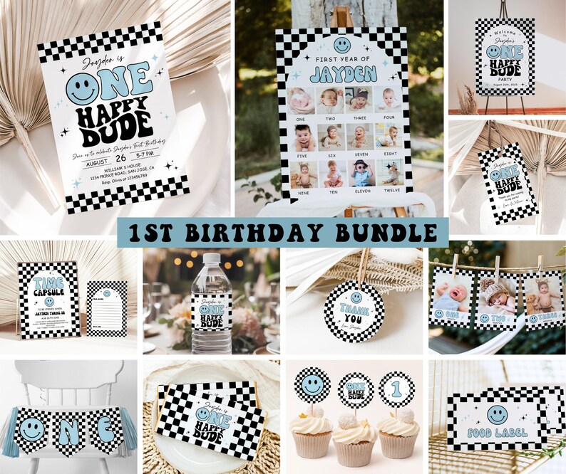 May include: A collection of party supplies with a retro theme. The items include invitations, a welcome sign, a banner, cupcake toppers, and food labels. The designs feature a checkerboard pattern, a smiley face, and the text "One Happy Dude."
