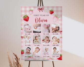 Berry First Birthday Photo Poster, Strawberry 1st Birthday Photo Board, Baby Girl First Birthday Sign with Picture, Editable Canva Template