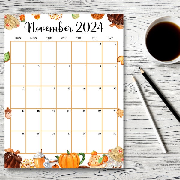 EDITABLE November 2024 Calendar (Vertical/Portrait), Cute Thanksgiving Planner, Monthly Schedule for Home, Work & Office, Instant Download