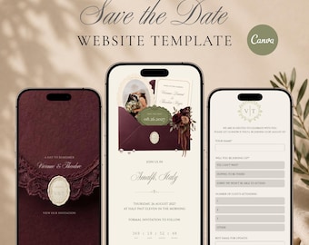 Burgundy and Olive Green Save the Date Website Template, Digital Wedding Invitation with RSVP, Paperless Canva Text Invite, Instant Download