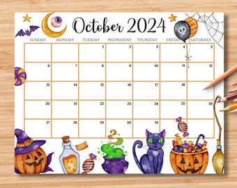 EDITABLE October 2024 Calendar, Cute Spooky Halloween 2024 Planner, Cute Printable Editable Calendar Planner for Kids, Instant Download