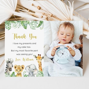 Safari-bedankkaart verjaardag, Boy Wild One 1e verjaardag bedankje, Jungle Animal Card met foto, bewerkbare sjabloon, Instant Download