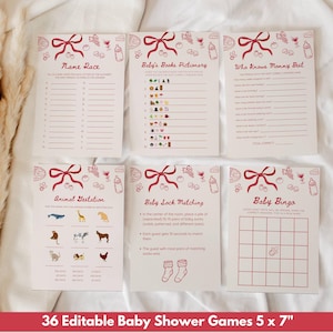 May include: A set of six baby shower game cards with a red bow design. Games include "Name Race," "Baby's Books Pictionary," "Who Knows Mommy Best," "Animal Gestation," "Baby Sock Matching," and "Baby Bingo." The cards are 5 x 7 inches.
