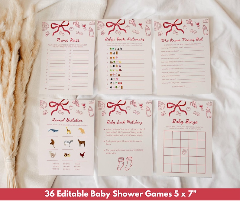 May include: A set of six baby shower game cards with a red bow design. Games include "Name Race," "Baby's Books Pictionary," "Who Knows Mommy Best," "Animal Gestation," "Baby Sock Matching," and "Baby Bingo." The cards are 5 x 7 inches.