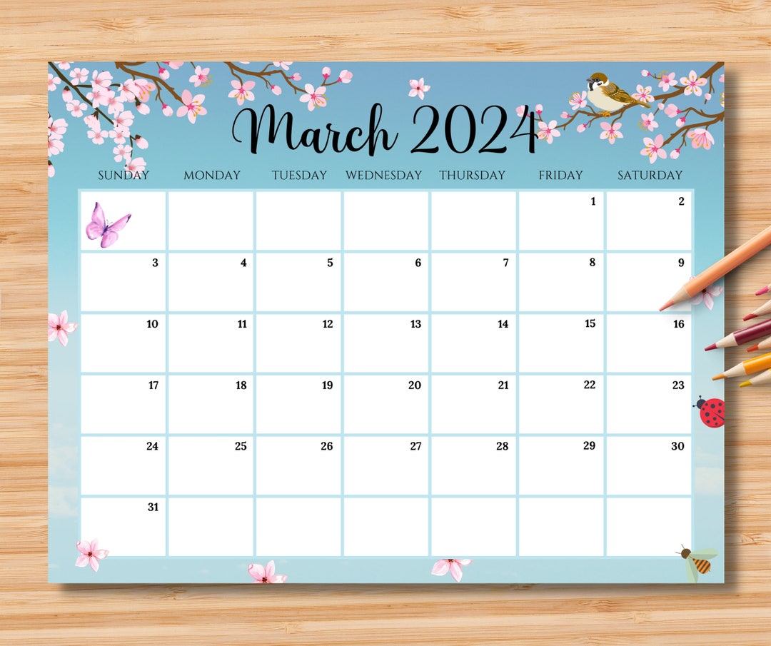 EDITABLE March 2024 Calendar, Beautiful Spring W/ Cherry Blossom, St