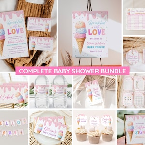 May include: A complete baby shower bundle with a pink, blue, and yellow ice cream cone design. The bundle includes invitations, thank you tags, cupcake toppers, food labels, water bottle labels, and a banner that says "Hello Baby". The text "Sprinkled with Love" is also visible.