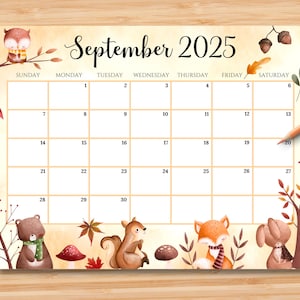 Calendario settembre 2025 MODIFICABILE, Planner per il ritorno a scuola, Bellissimo autunno con simpatici animali, Calendario mensile per bambini Scuola Casa Ufficio Lavoro