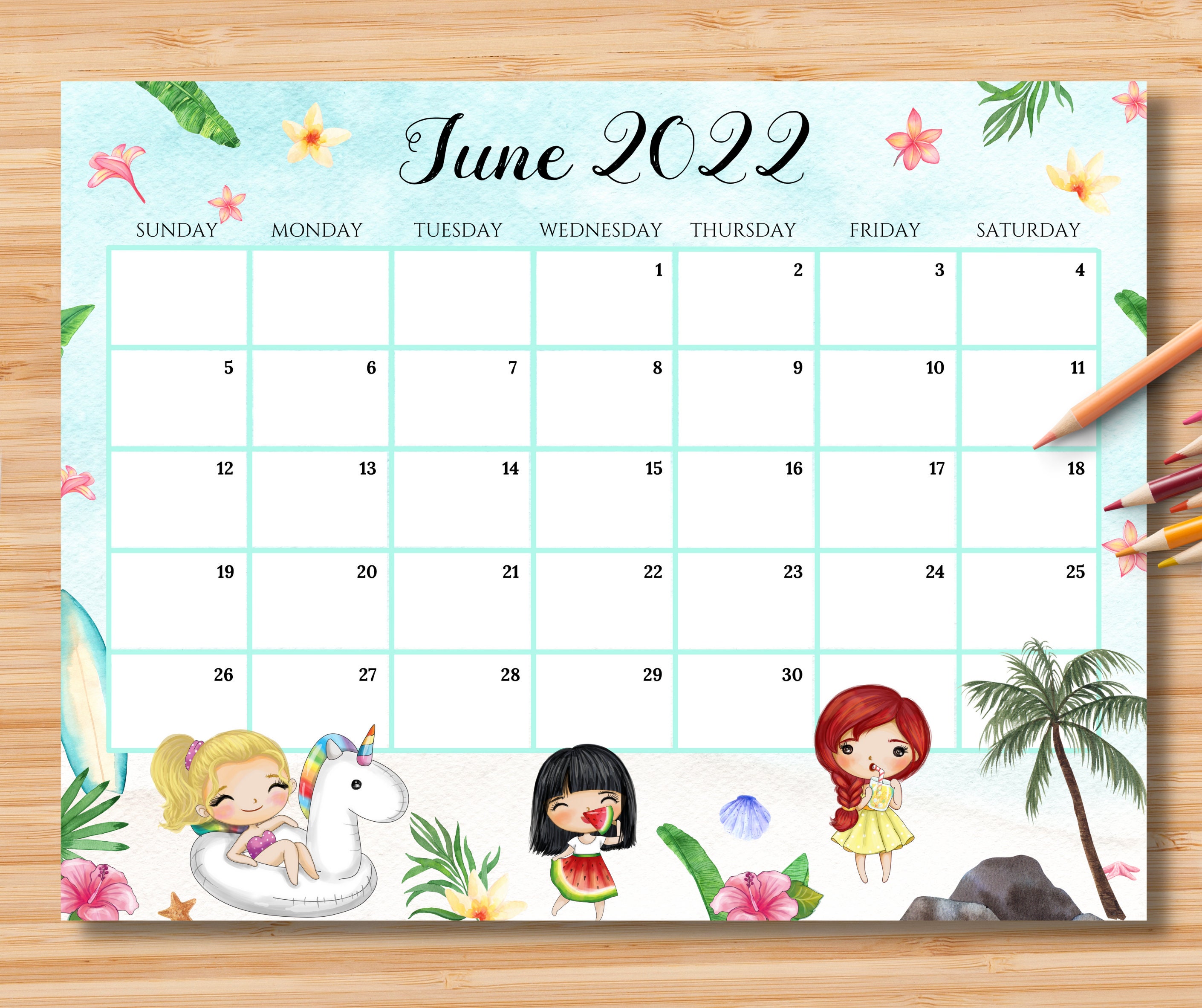 editable june 2022 calendar happy summer w cute coconut tree etsy